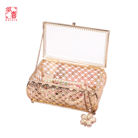 Gold Three Glass Desktop Storage Jewelry Box with Lid